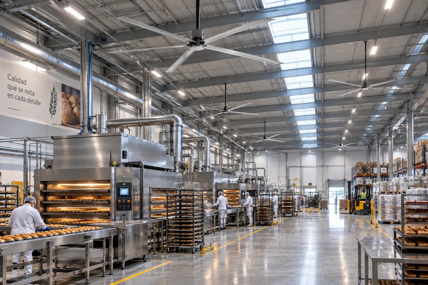 Ventiladores HVLS sobre una línea de producción con hornos
