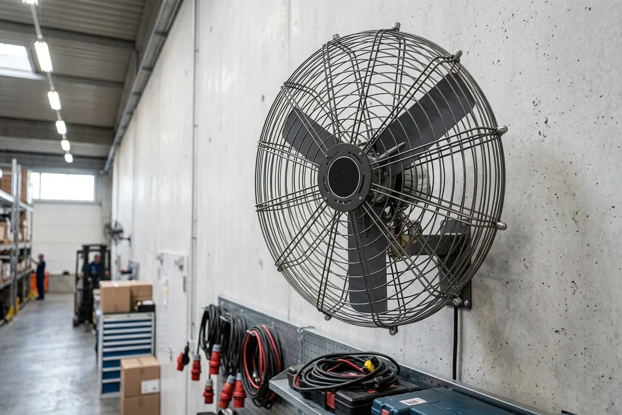 Ventilador mural sobre un puesto de trabajo